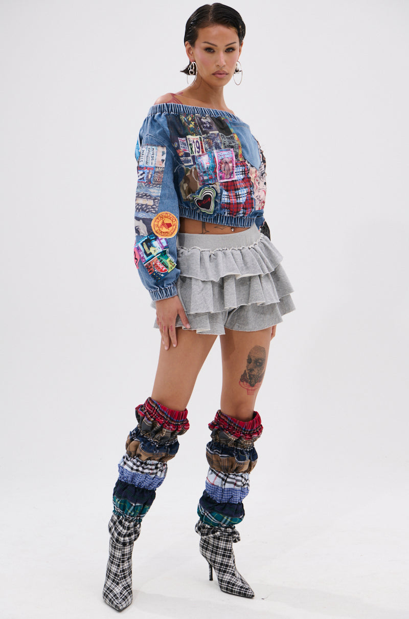 PATCHWORK DENIM OFF THE SHOULDER TOP