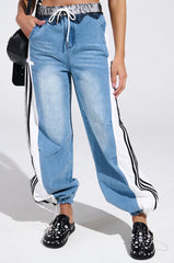 SPORTY AND SWEET LIGHT WASH DENIM TRACK PANTS