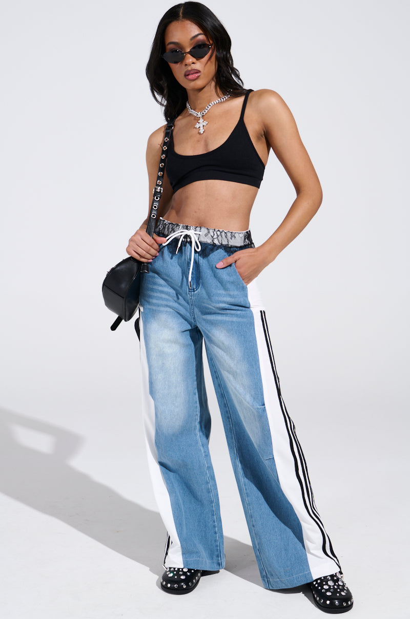 SPORTY AND SWEET LIGHT WASH DENIM TRACK PANTS
