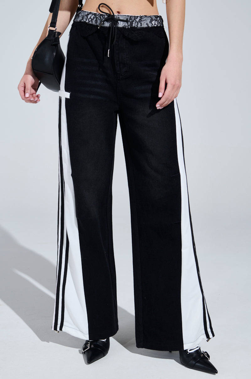 SPORTY AND SWEET BLACK WASH DENIM TRACK PANTS