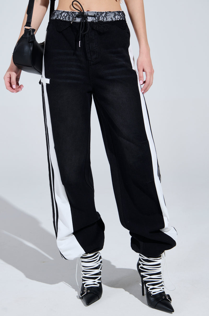 SPORTY AND SWEET BLACK WASH DENIM TRACK PANTS