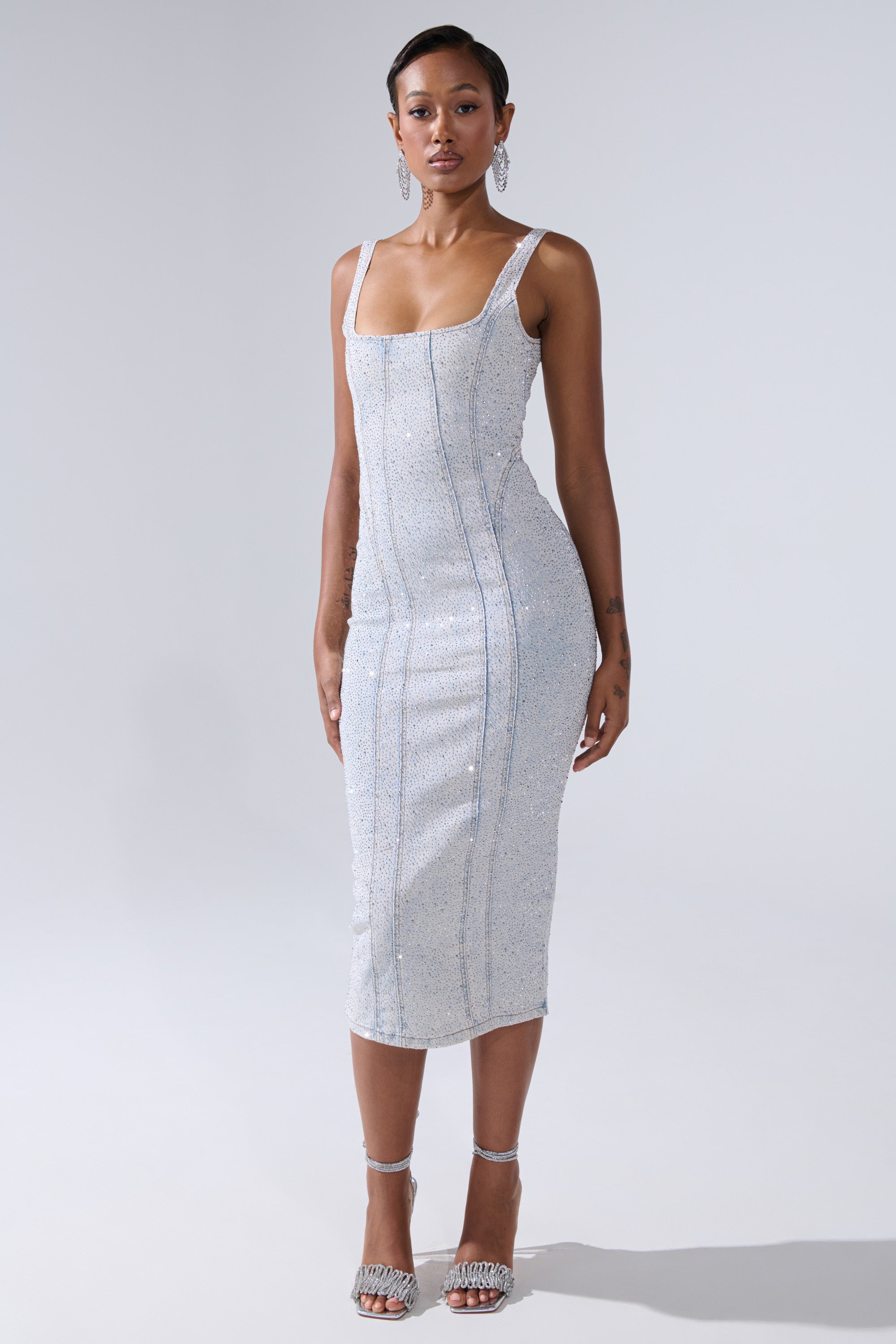 AFTER HOURS DENIM RHINESTONE MIDI DRESS