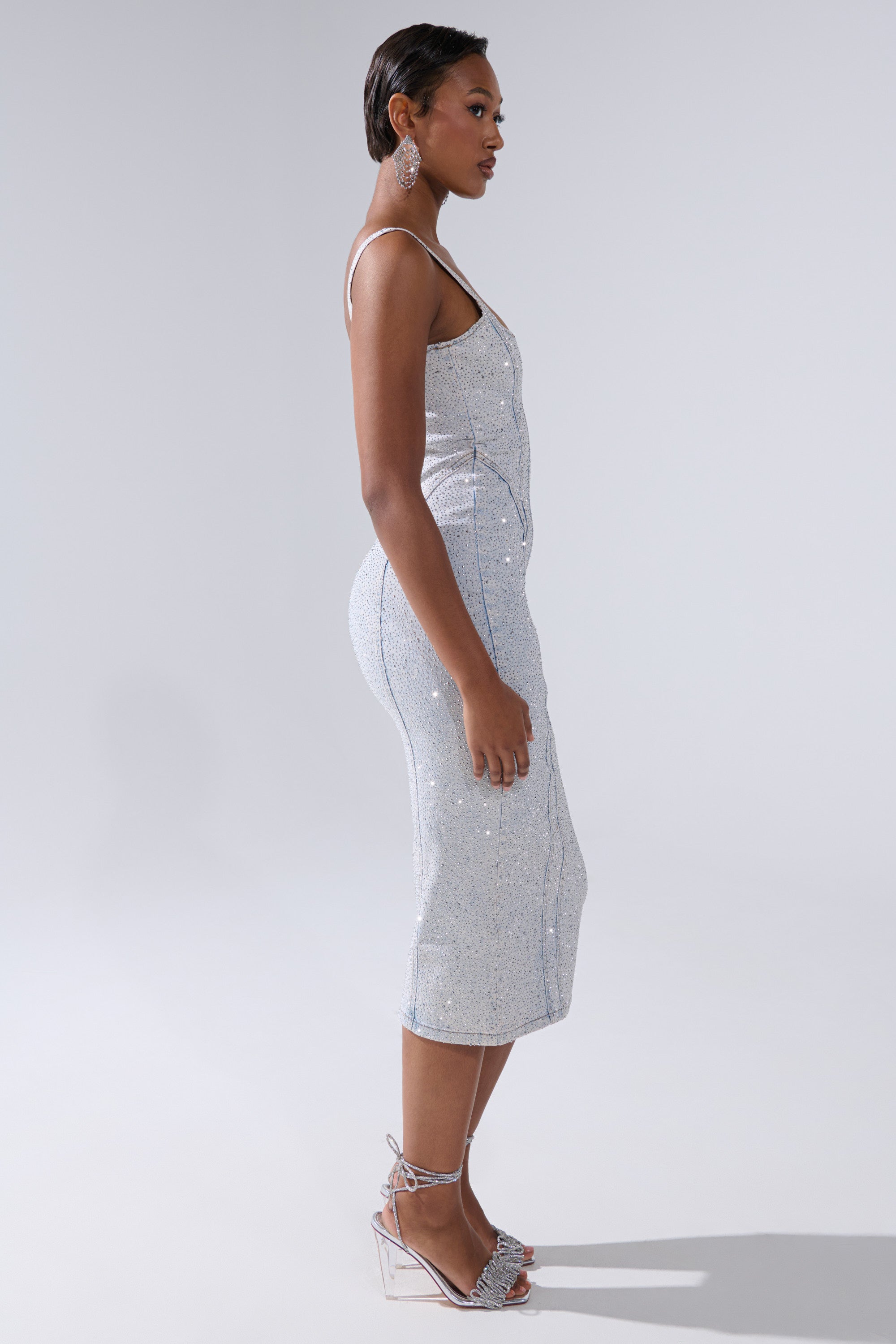 AFTER HOURS DENIM RHINESTONE MIDI DRESS