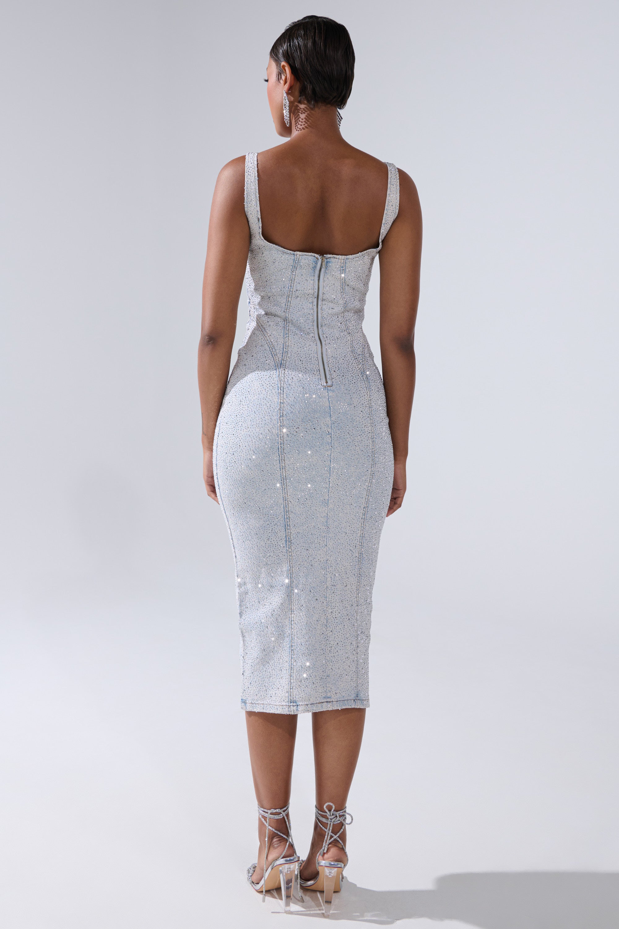 AFTER HOURS DENIM RHINESTONE MIDI DRESS