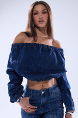 SHINING STAR OFF THE SHOULDER RHINESTONE DENIM SWEATSHIRT
