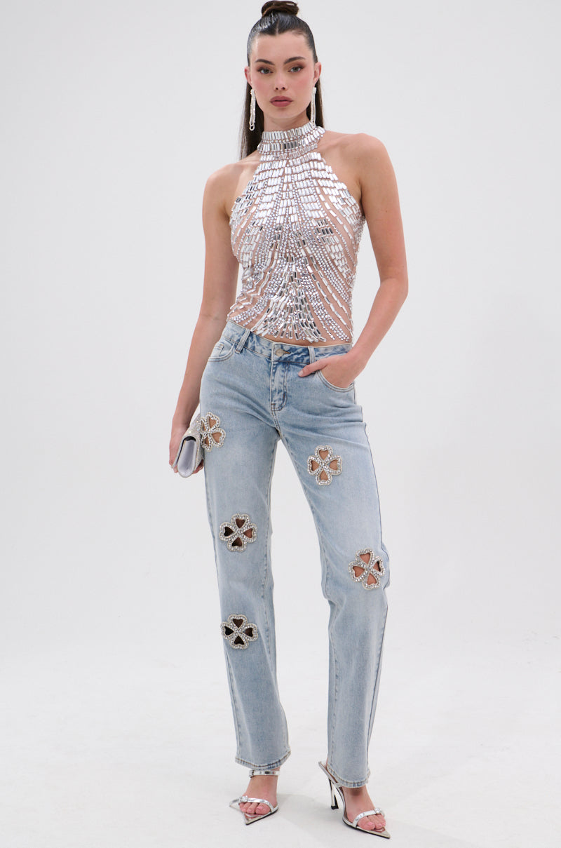 DIVINE FEMININE ENERGY RHINESTONE DETAIL JEANS