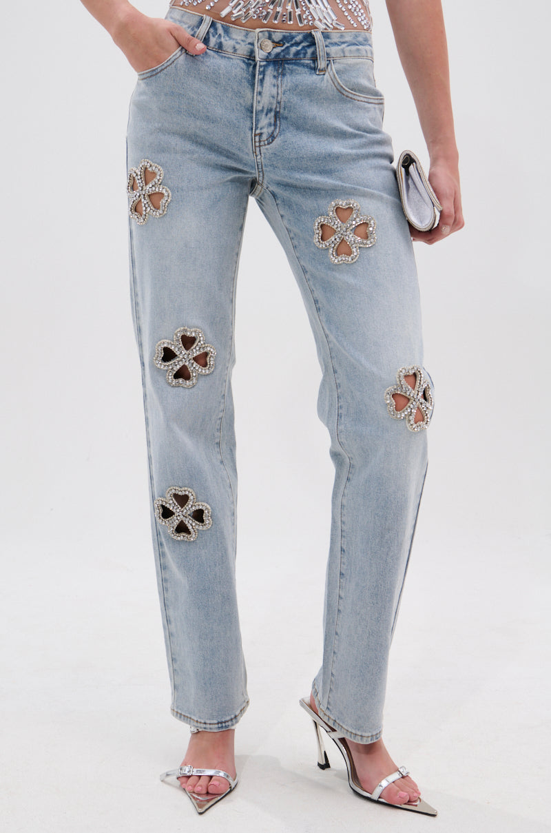 DIVINE FEMININE ENERGY RHINESTONE DETAIL JEANS