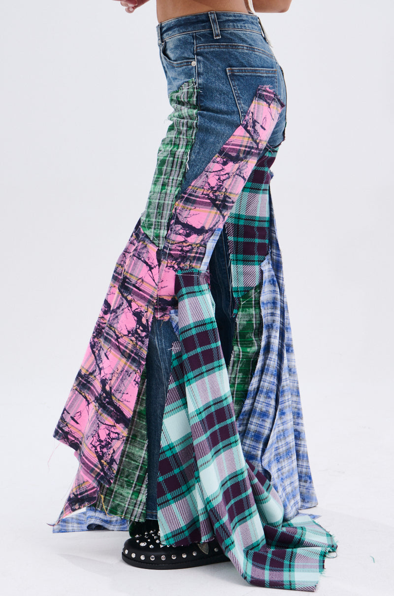 PLAID ON PLAID DENIM JEANS