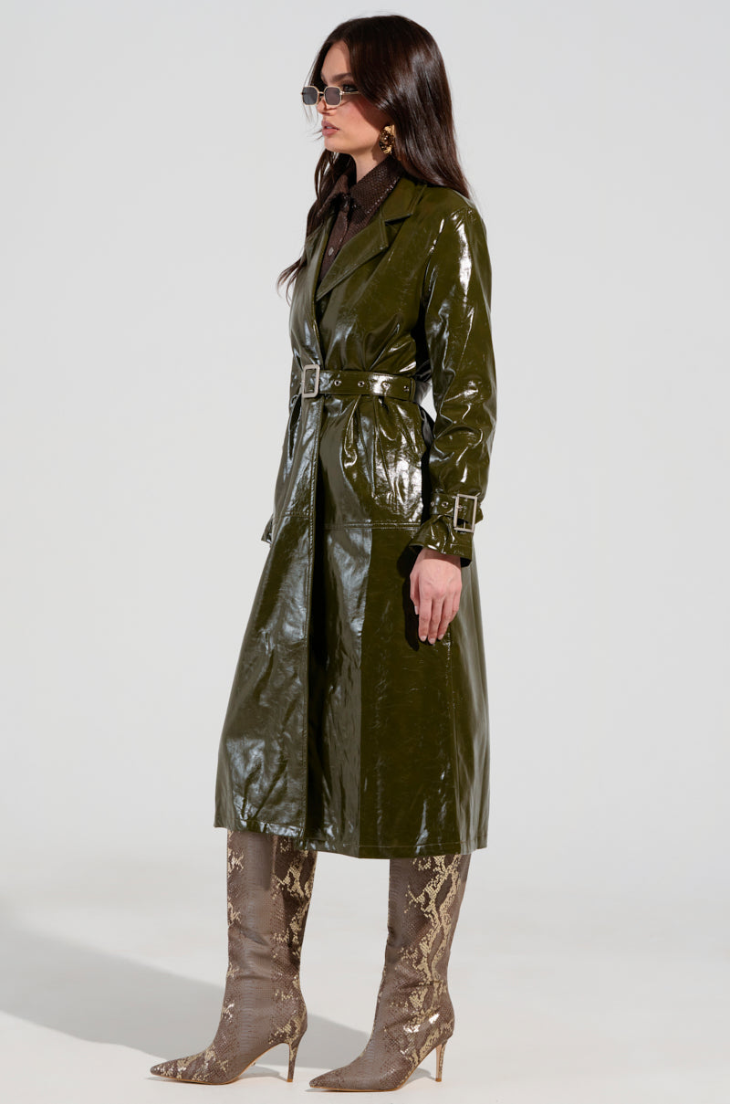 ON THE FLY FAUX LEATHER TRENCH