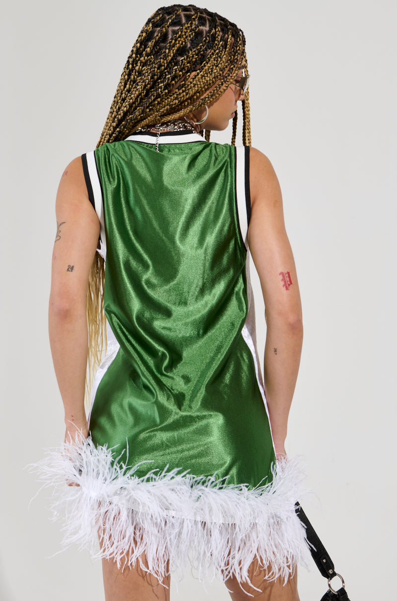 RUN THE COURT JERSEY MINI DRESS WITH FEATHER TRIM IN GREEN