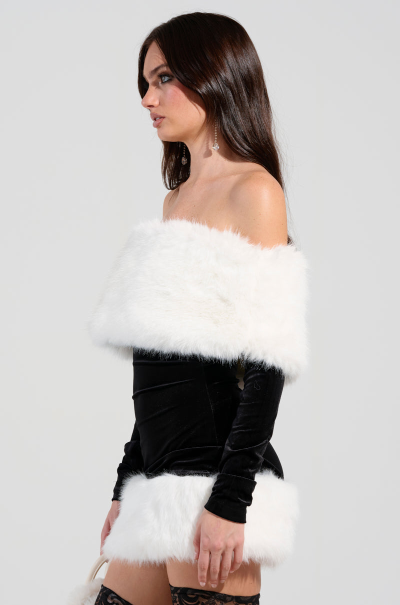 OH BABY VELVET MINI DRESS WITH FUR TRIM