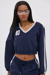 LACE TRIM NYLON CROPPED SWEATSHIRT