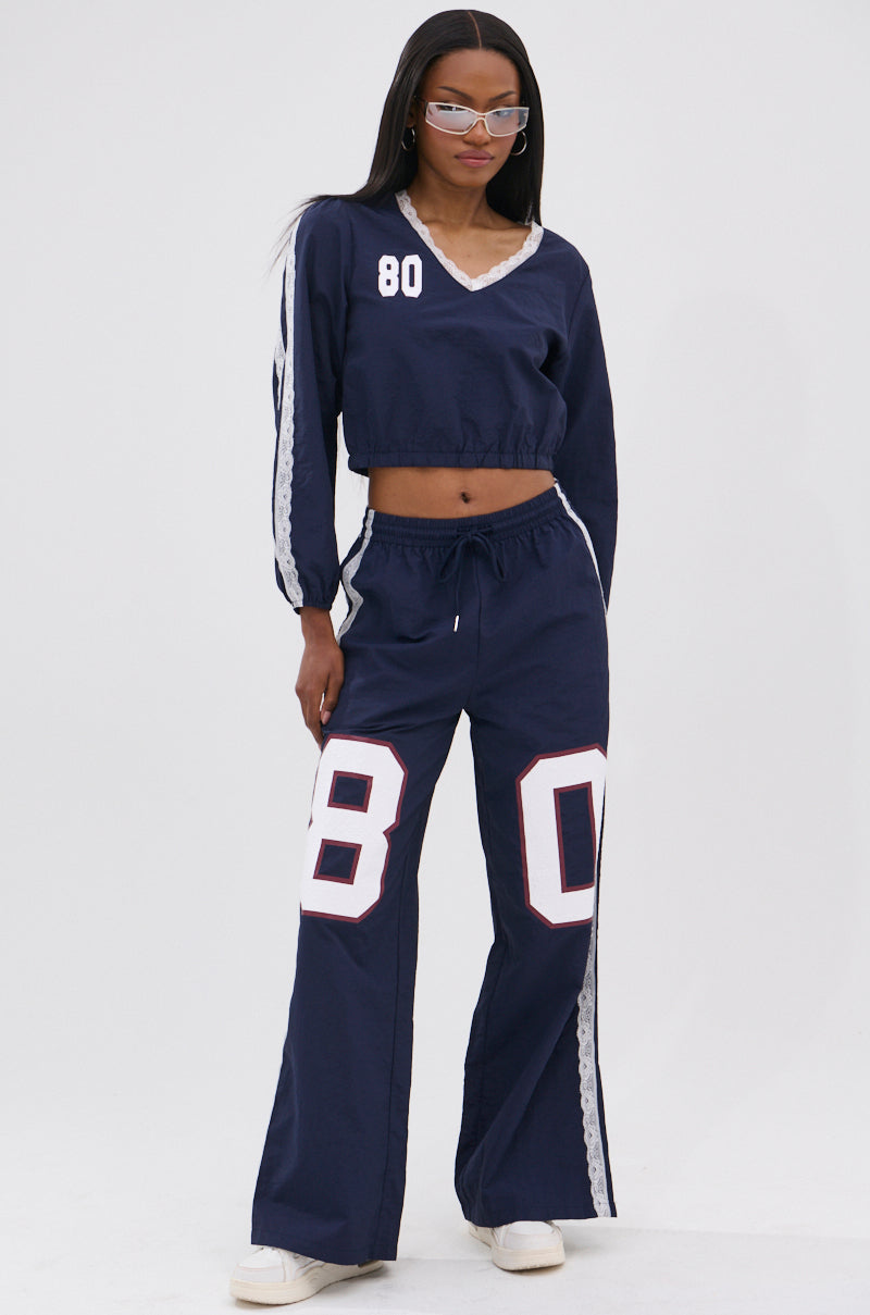 LACE TRIM NYLON CROPPED SWEATSHIRT