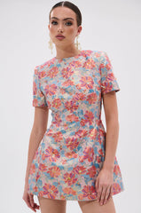 PRETTY IN PINK BROCADE BEADED MINI DRESS