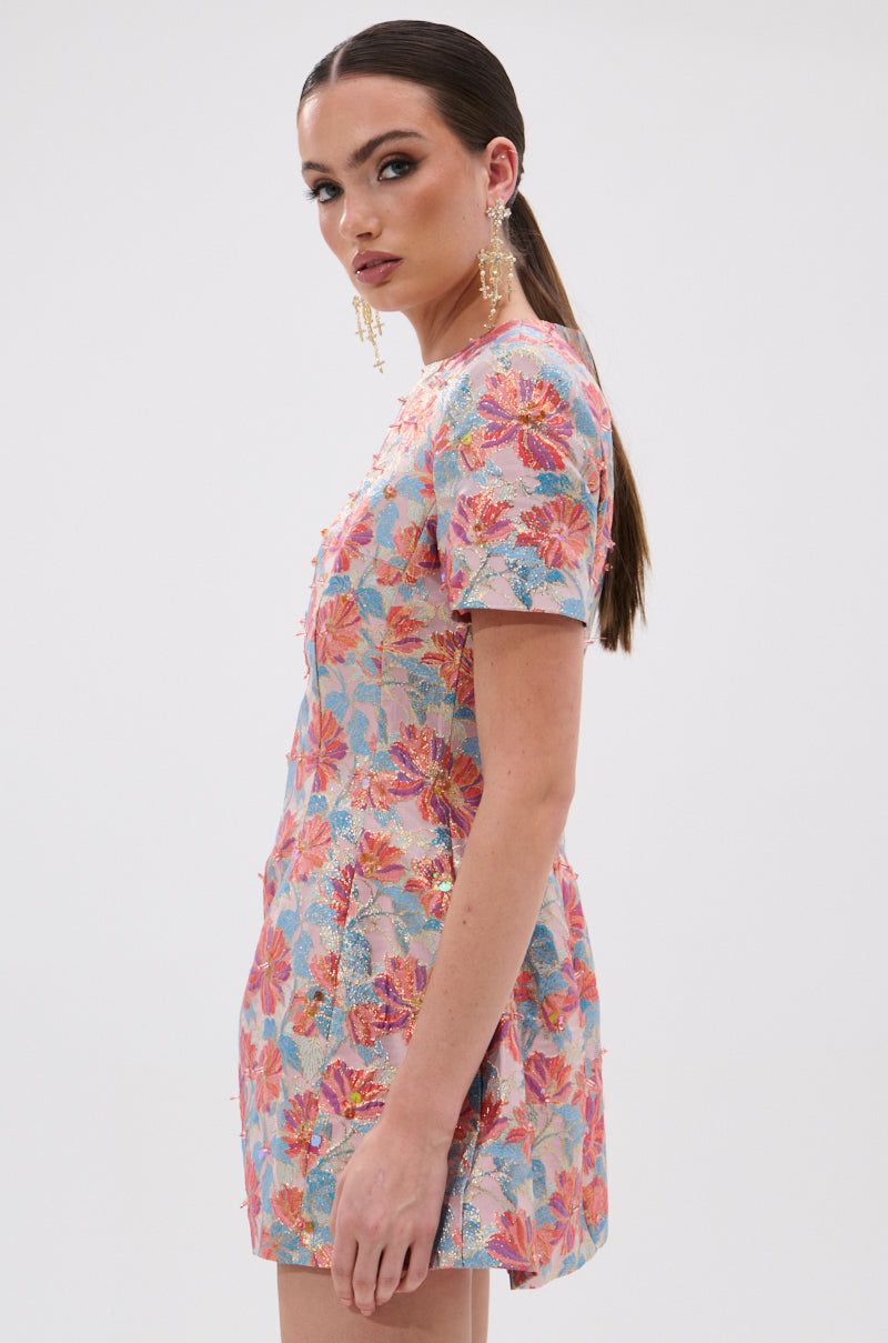 PRETTY IN PINK BROCADE BEADED MINI DRESS
