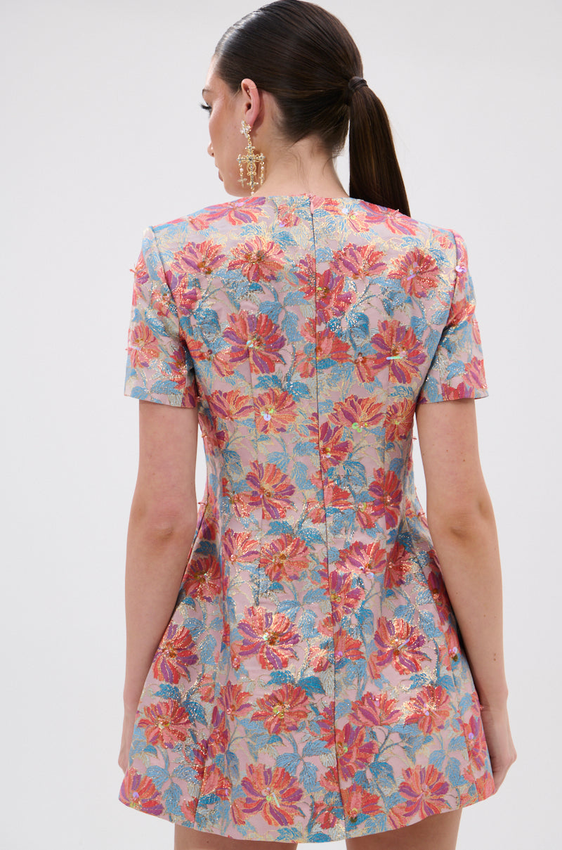 PRETTY IN PINK BROCADE BEADED MINI DRESS