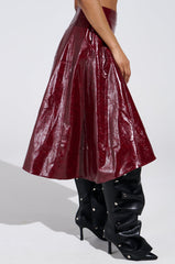 THINK ABOUT IT FAUX LEATHER MIDI SKIRT IN BURGUNDY