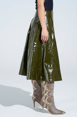 THINK ABOUT IT FAUX LEATHER MIDI SKIRT IN OLIVE