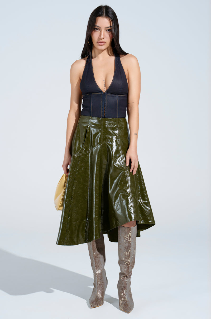 THINK ABOUT IT FAUX LEATHER MIDI SKIRT IN OLIVE
