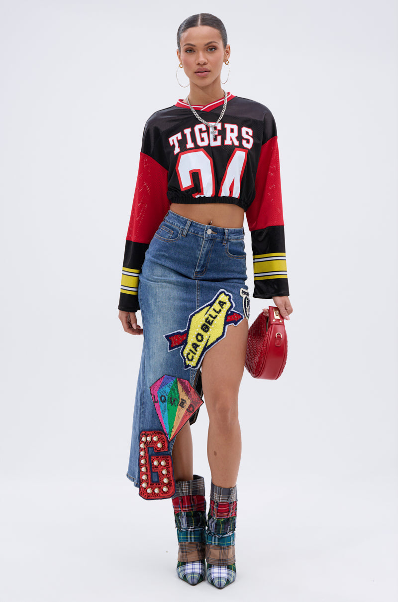 VARSITY SQUAD DENIM GRAPHIC MIDI SKIRT