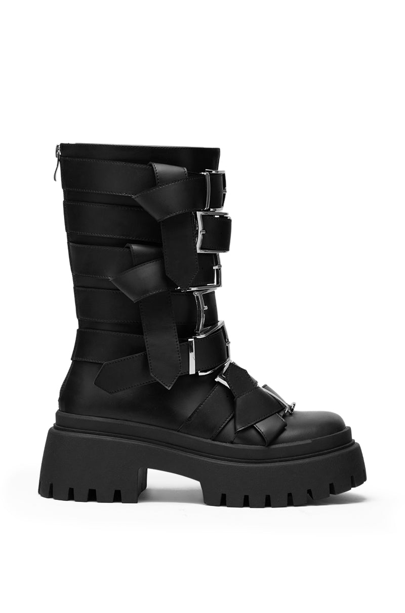 AZALEA WANG ALCETASA BLACK COMBAT BOOTIE WITH BUCKLE DETAIL