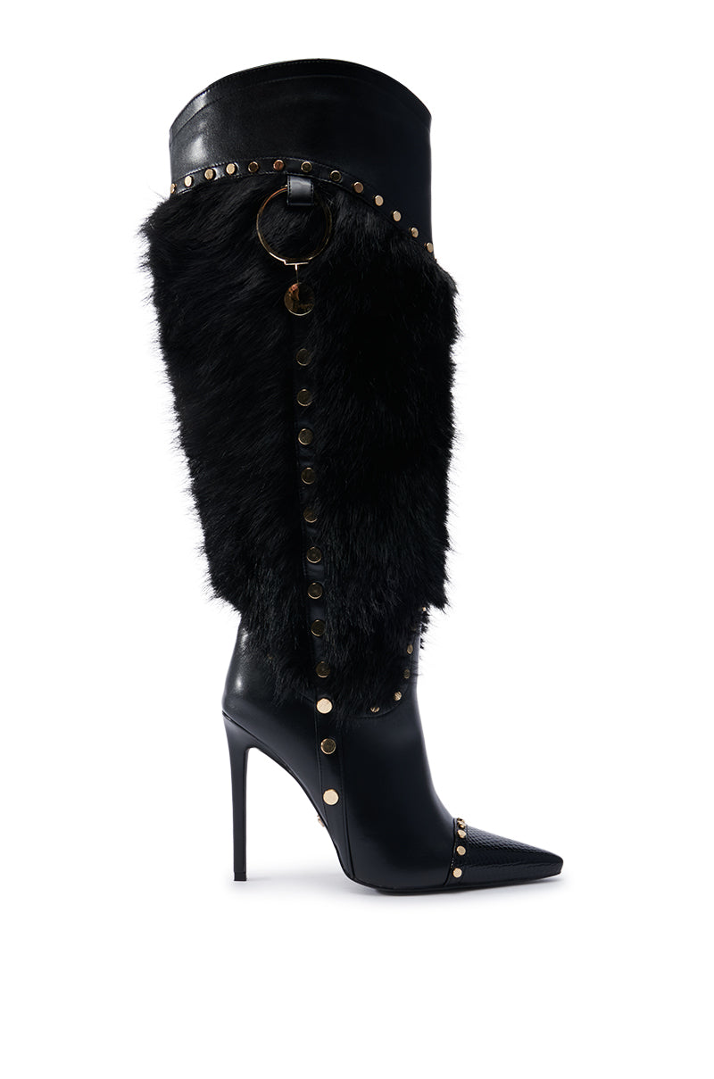 AZALEA WANG ALISTAIR BLACK FUR EMBELLISHED BOOT