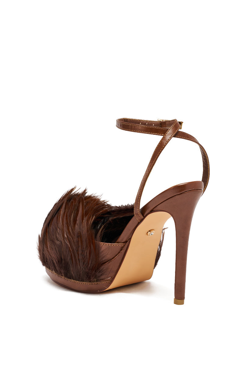 AZALEA WANG ANGELES BROWN FEATHER STILETTO SANDAL