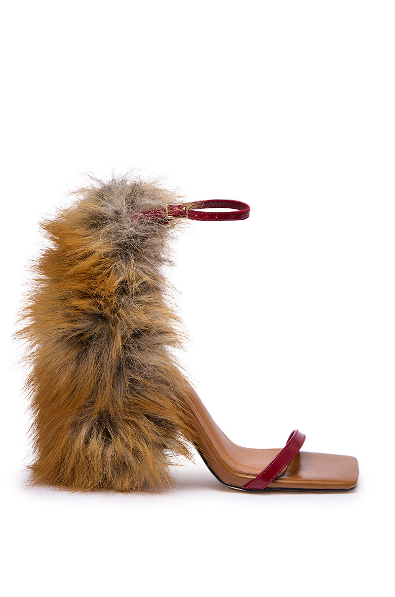AZALEA WANG ARETTE RED FOX FUR CHUNKY HEEL STRAP SANDAL