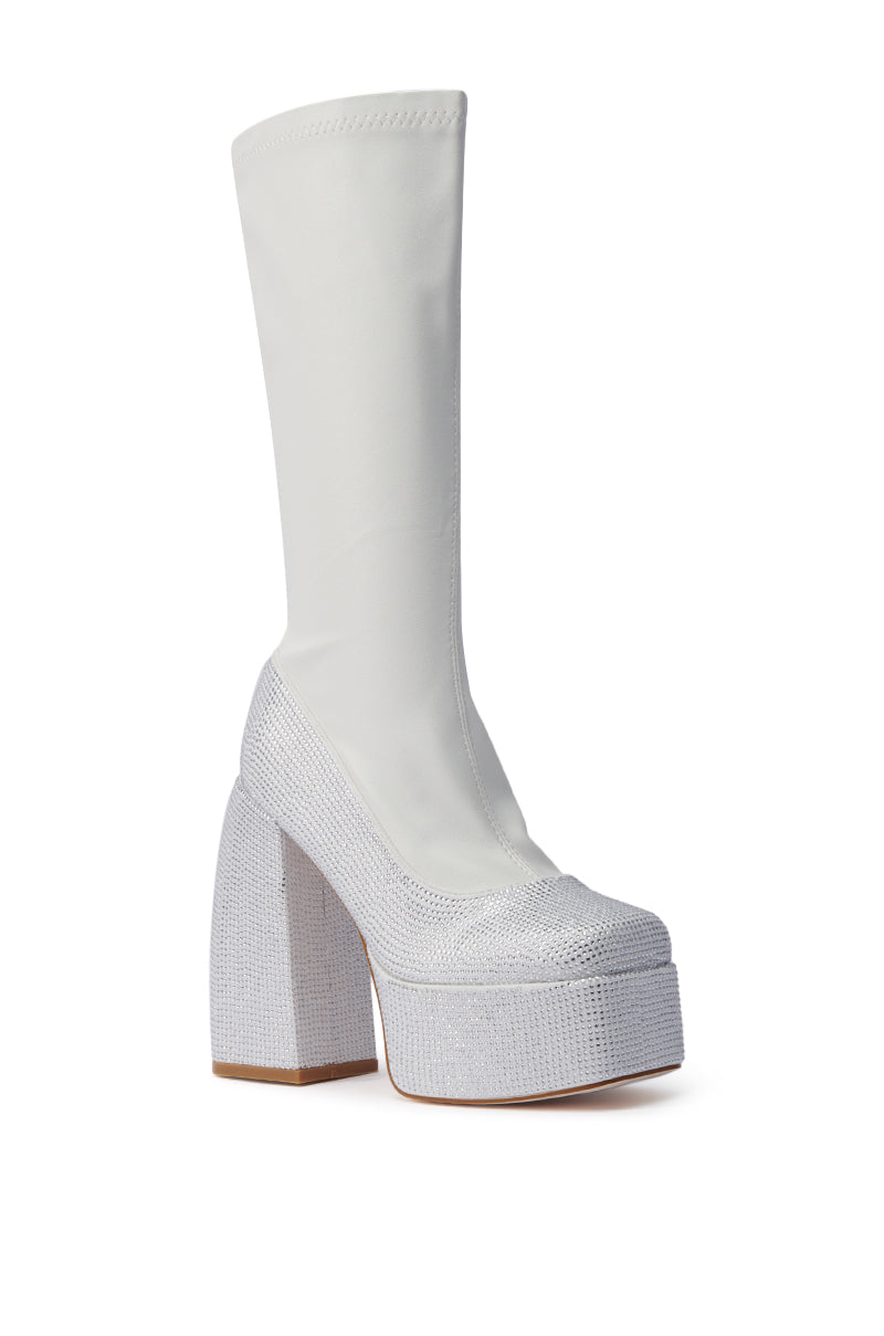 AZALEA WANG AURONNE WHITE AND RHINESTONE CHUNKY BOOT