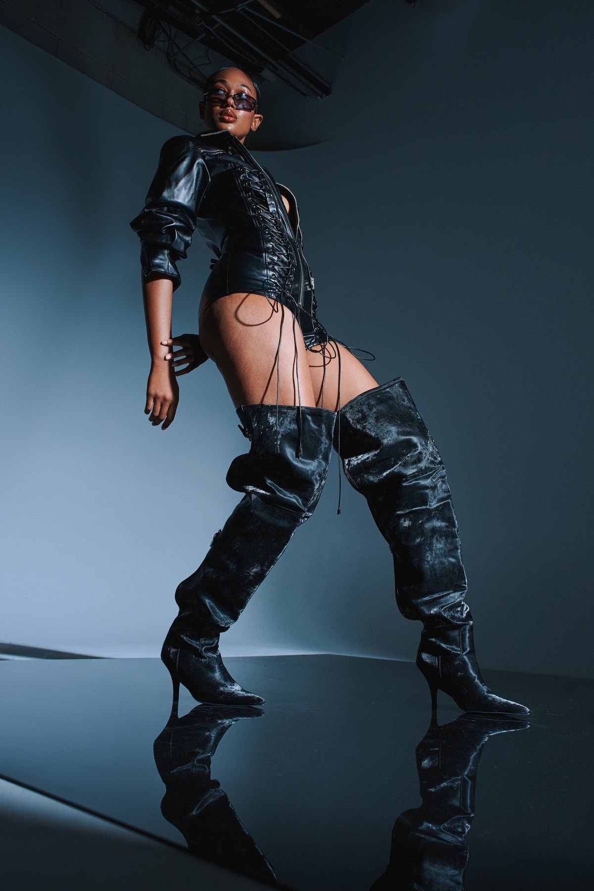 AZALEA WANG BACKER BLACK SHINE OVER THE KNEE BOOT