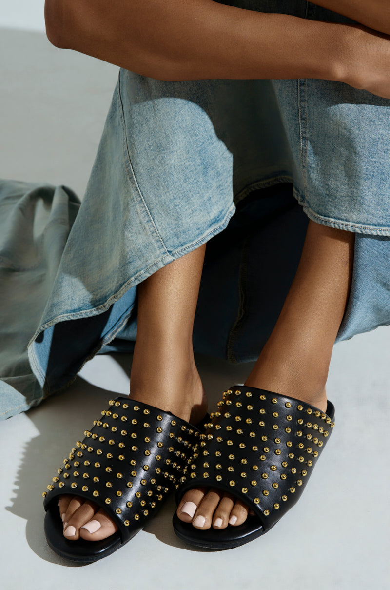 AKIRA  BAGGER STUDDED SLIP ON SANDAL IN BLACK