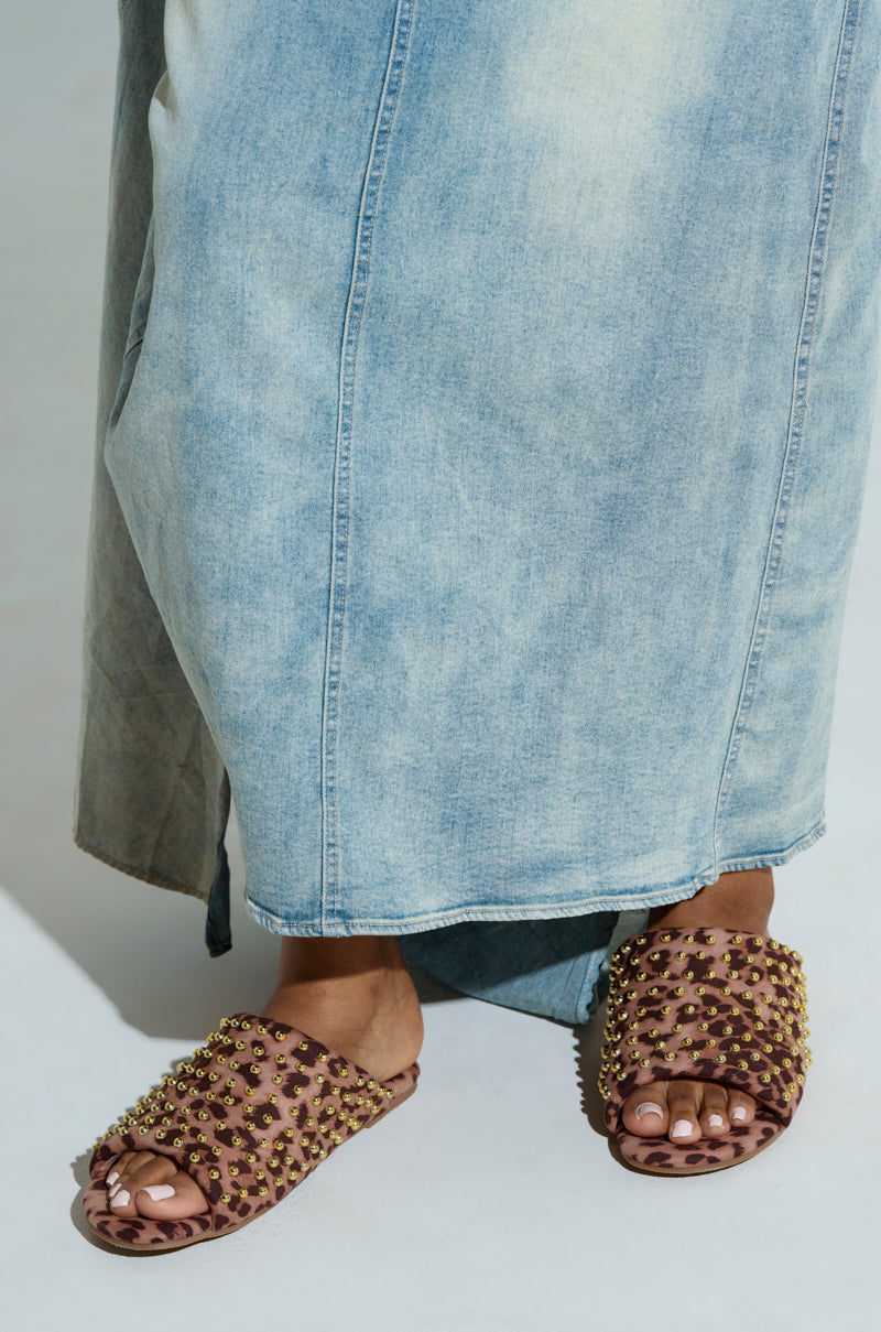 AKIRA BAGGER STUDDED SLIP ON SANDAL IN LEOPARD