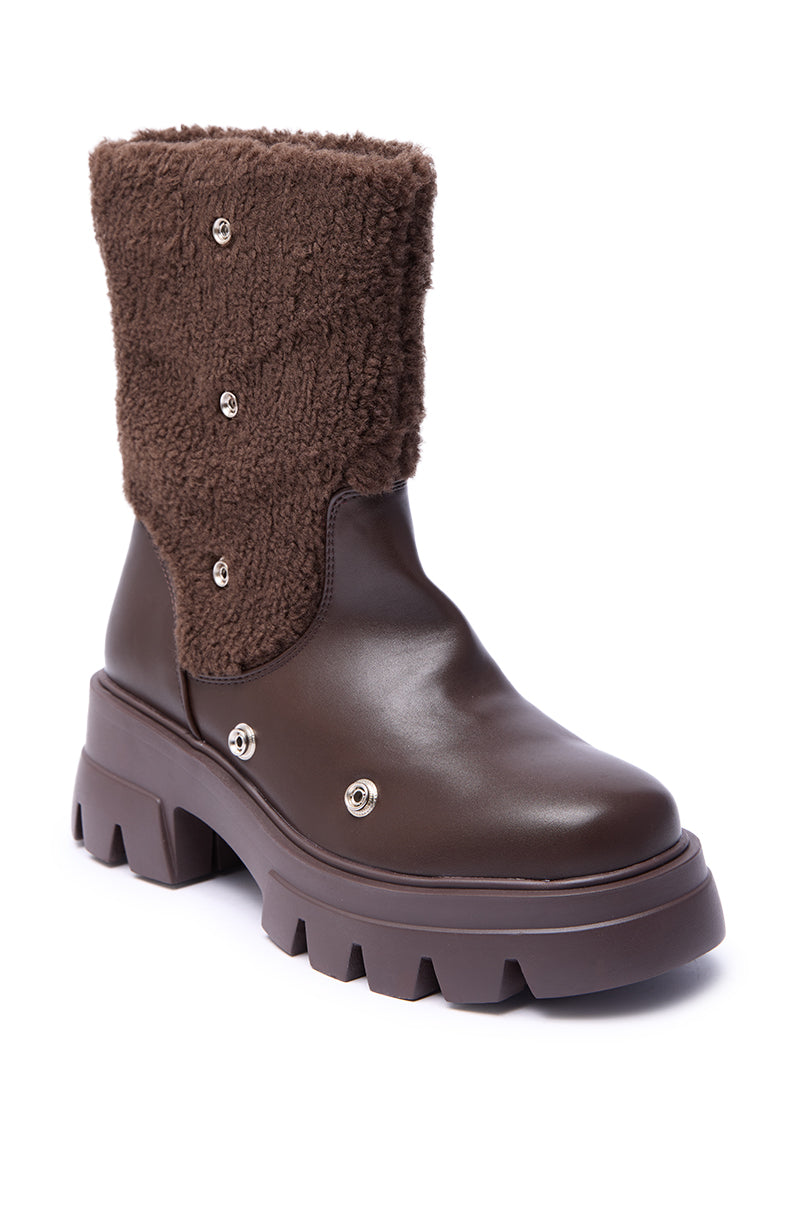 AZALEA WANG BEHATI BROWN SHERPA BOOTIE WITH SNAP DETAIL