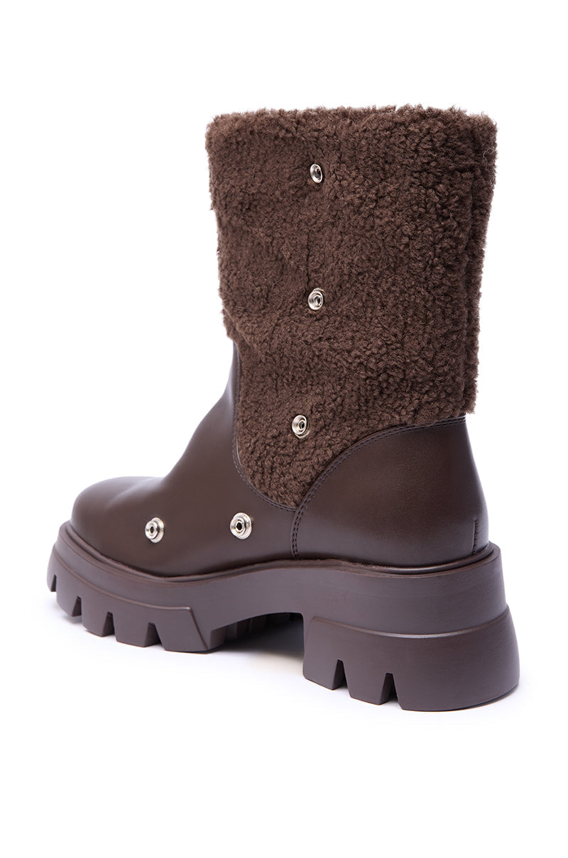 AZALEA WANG BEHATI BROWN SHERPA BOOTIE WITH SNAP DETAIL