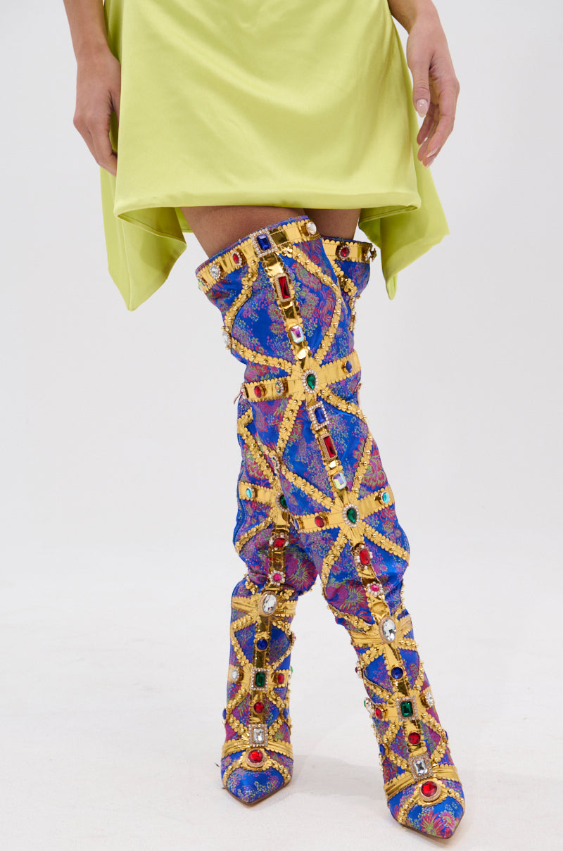 AZALEA WANG BERKLEY BLUE BAROCADE EMBELLISHED BOOT