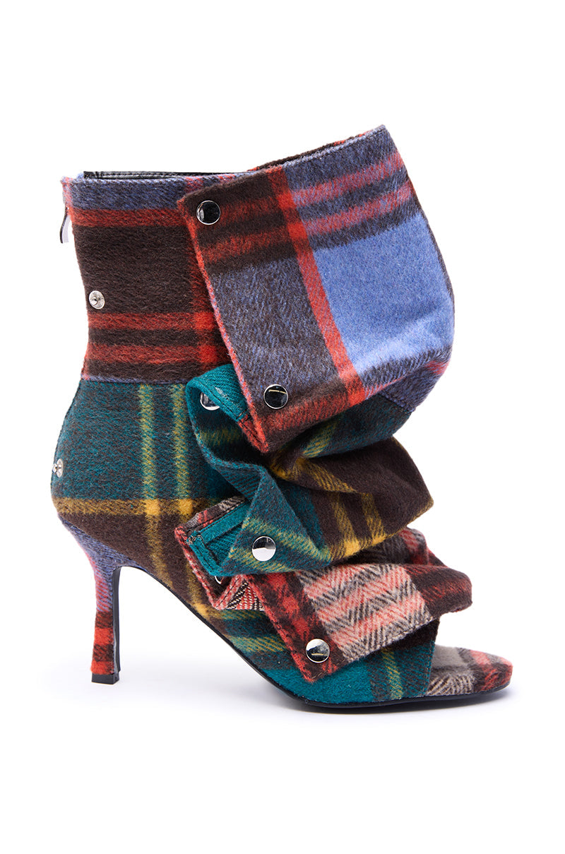 AZALEA WANG BIRD SONG PLAID MULTI OPEN TOE SNAP BOOTIE