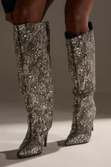 AZALEA WANG BRIELEY GOLD AND BLACK FLORAL BROCADE KNEE HIGH BOOT
