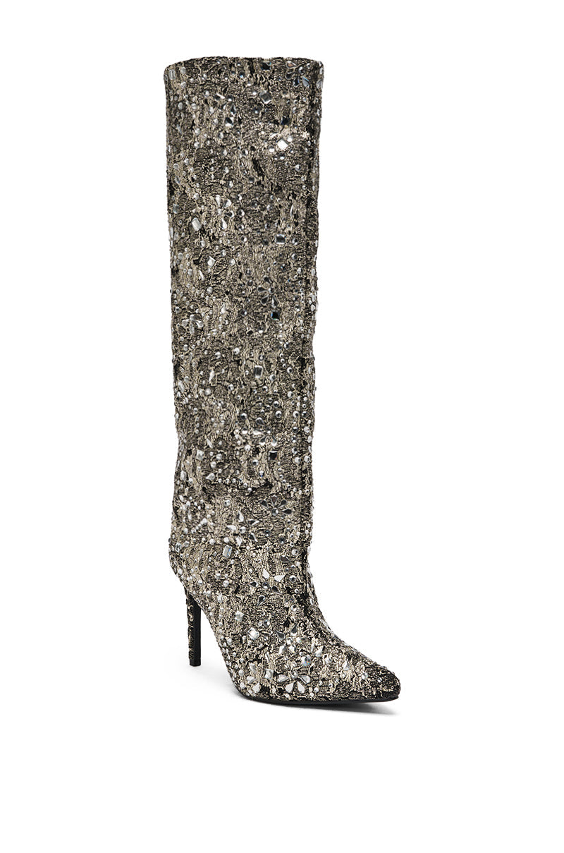 AZALEA WANG BRIELEY GOLD AND BLACK FLORAL BROCADE KNEE HIGH BOOT