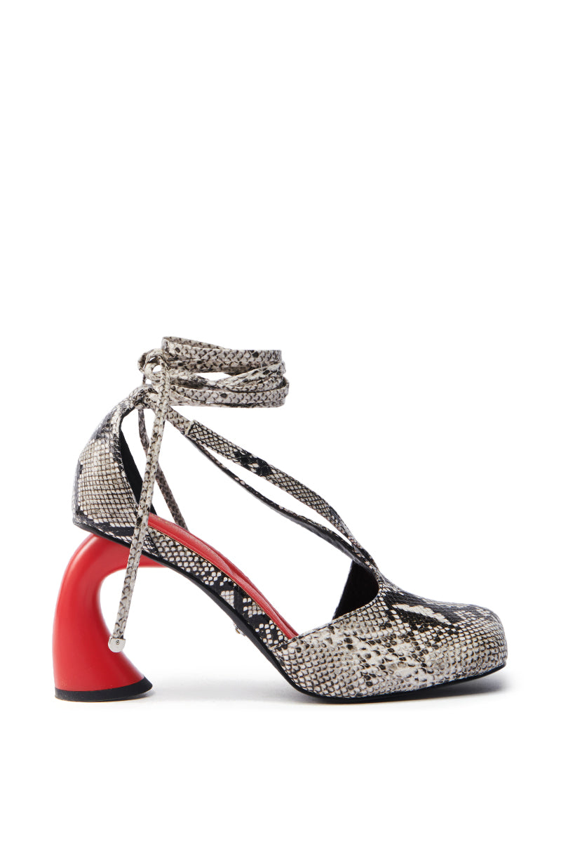 AZALEA WANG BUIKY SNAKE CONTRAST CURVED HEEL OPEN TOE PUMP
