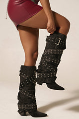 CENSORED BLACK DENIM BELTED CHUNKY BOOT