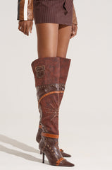 AZALEA WANG CHOCOCAT BROWN MULTI FAUX LEATHER EMBELLISHED BOOT