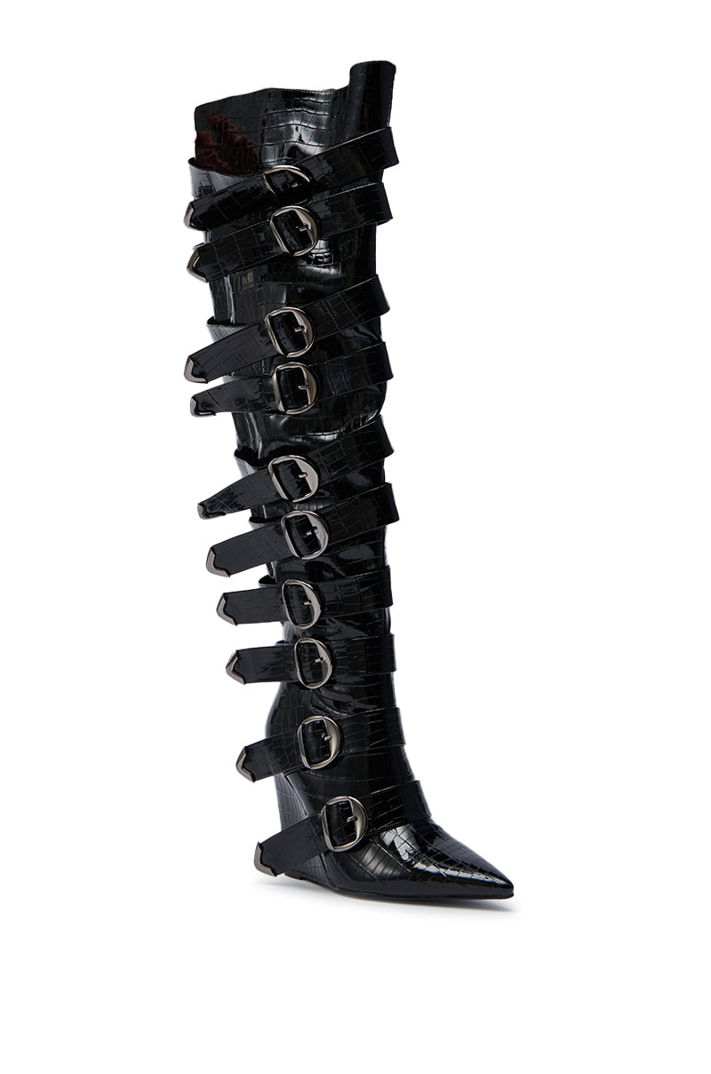 AZALEA WANG CINZIA BLACK CROC BUCKLE WEDGE BOOT