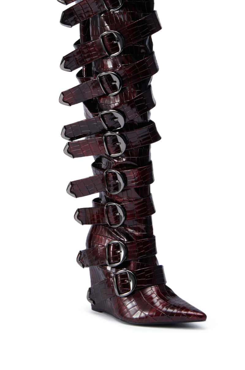 AZALEA WANG CINZIA RED WEDGE BOOT WITH BUCKLE DETAIL