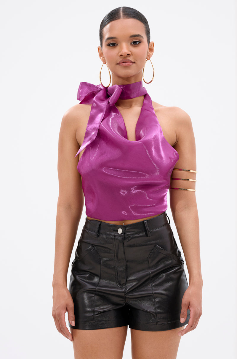 SUNSHINE COWL NECK SATIN BLOUSE IN PURPLE