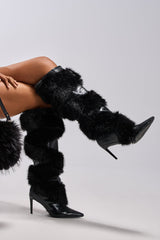 AZALEA WANG CONRADDE BLACK MIXED MATERIAL FUR AND SNAKE STILETTO BOOT