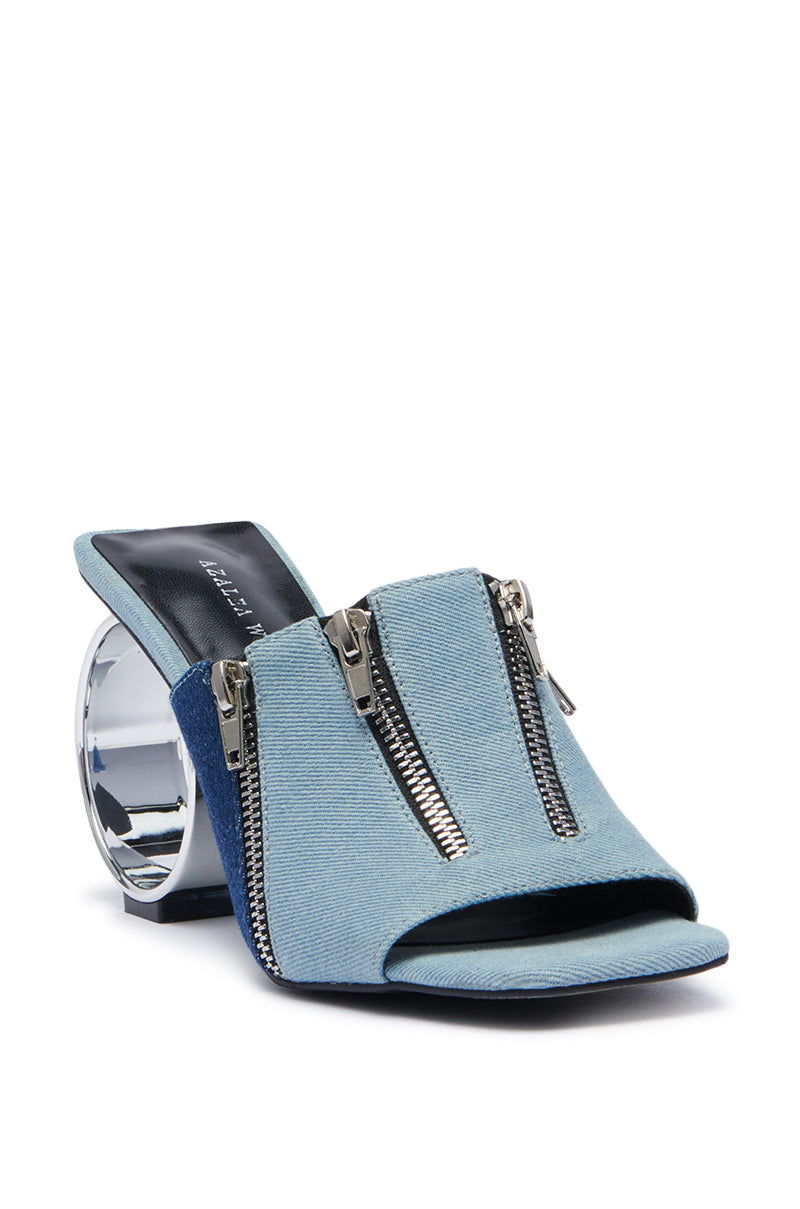 AZALEA WANG CORABEL DENIM AND ZIPPERS CIRCLE HEEL SANDAL