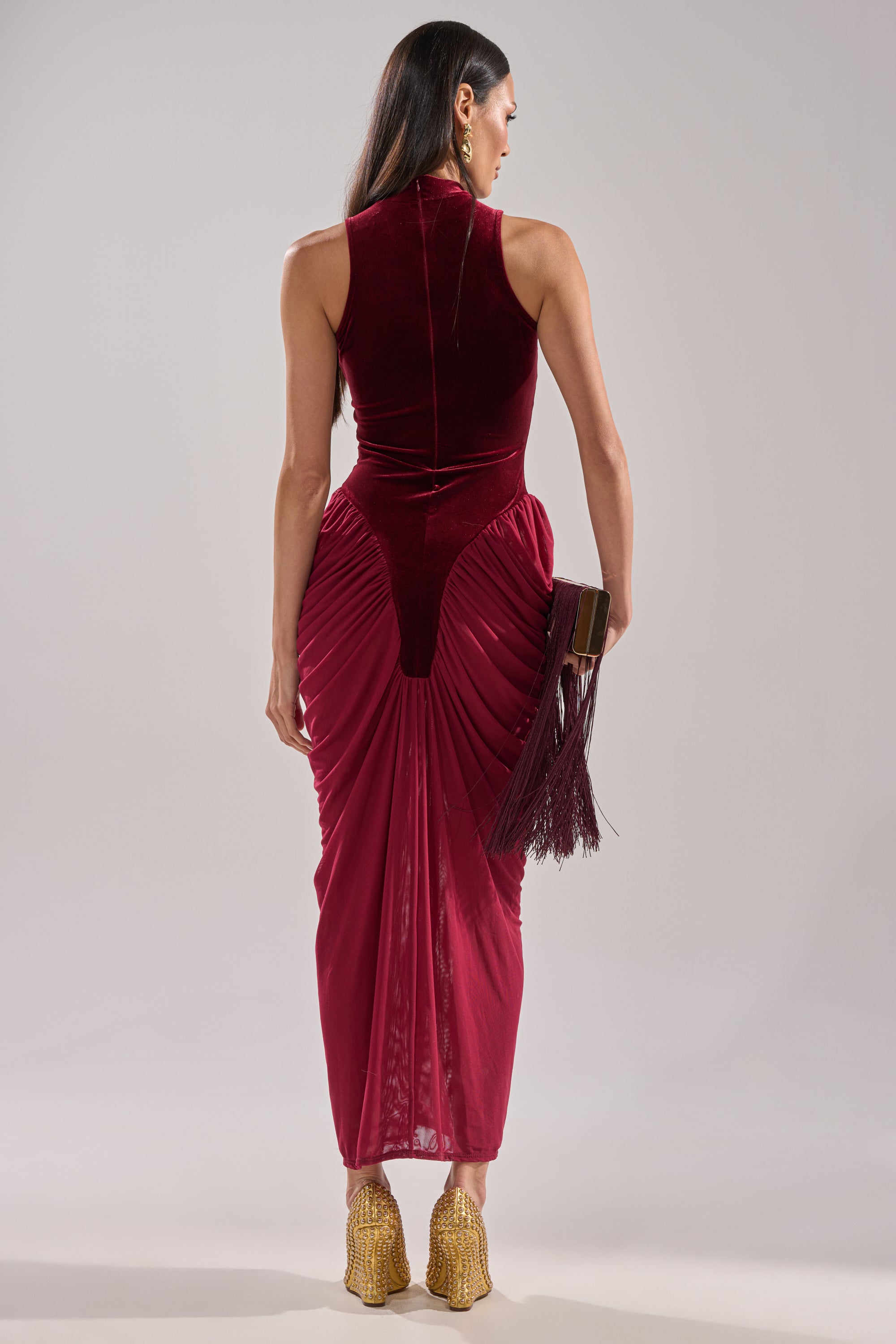 BABY ITS COLD OUTSIDE VELVET RUCHED MAXI DRESS