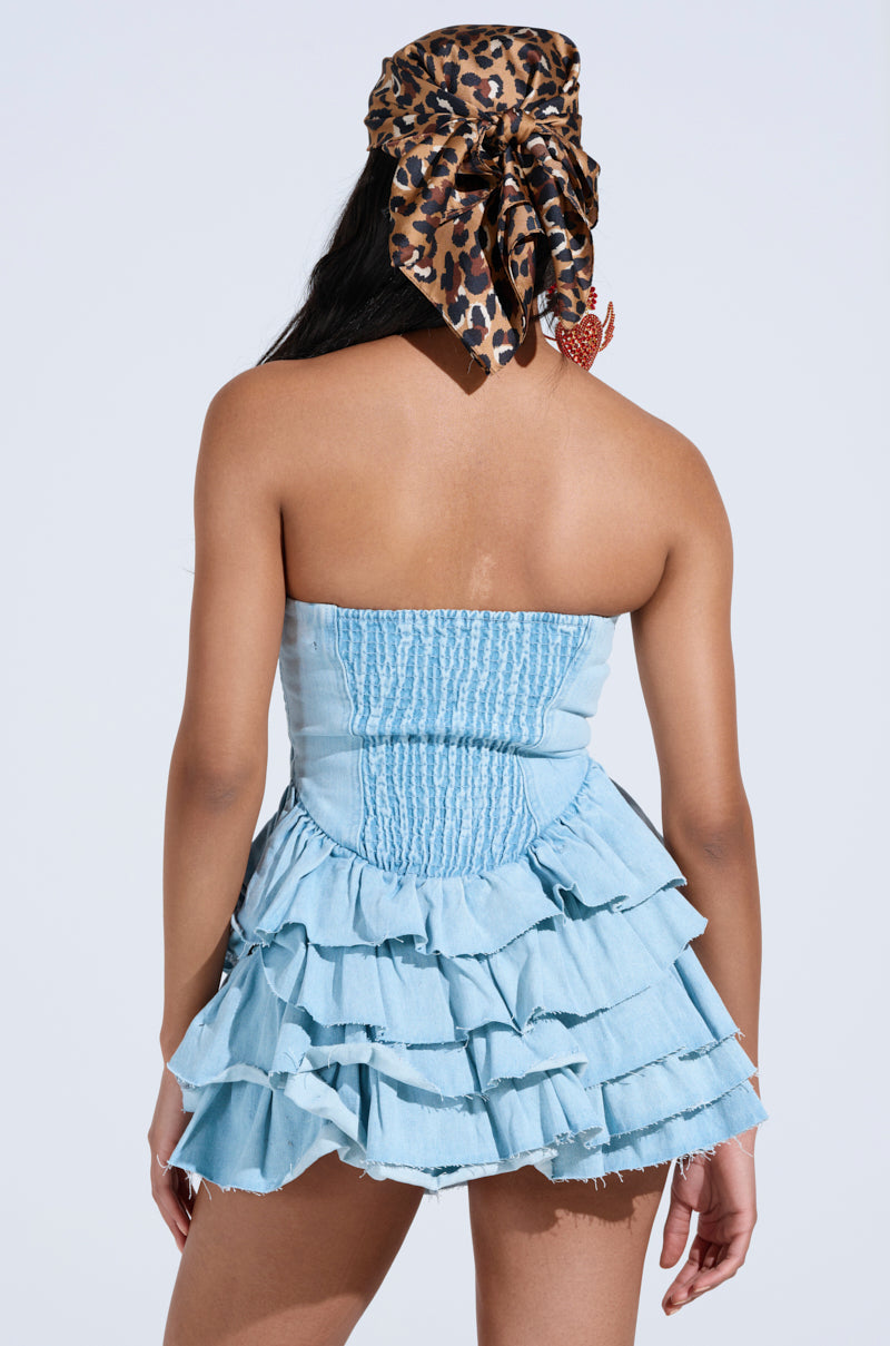 AMELIA DENIM RUFFLE MINI DRESS