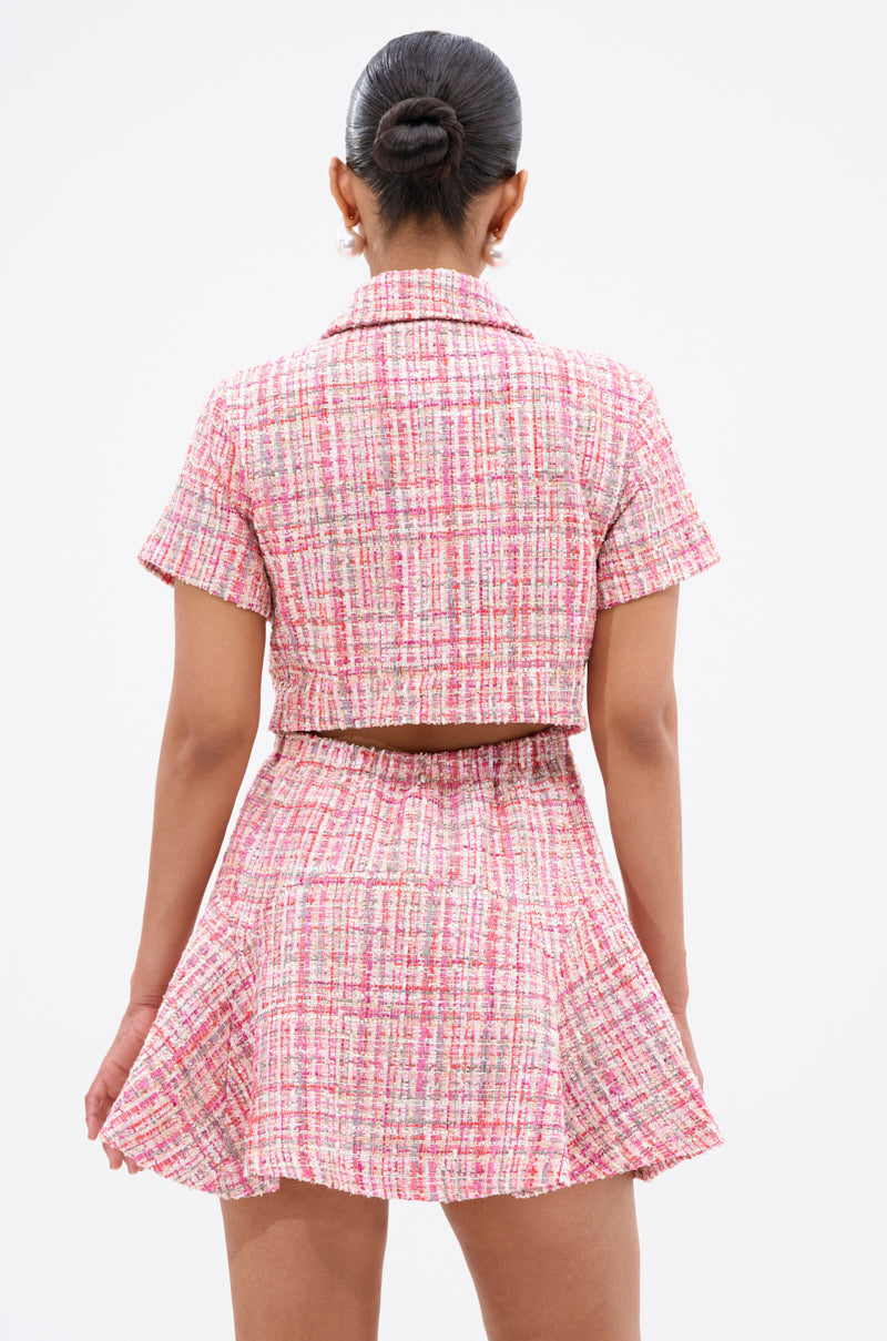 TAKE NOTES TWEED MINI DRESS IN PINK