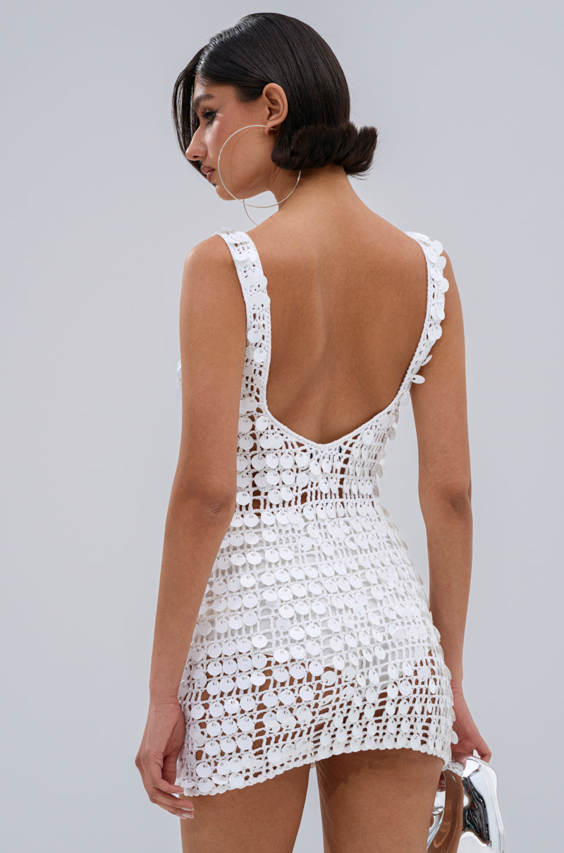 SHINE BRIGHT CROCHET SEQUIN MINI DRESS IN WHITE